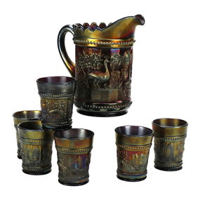 Antique Northwood Carnival Glass Peacocks Set of 7 c1930