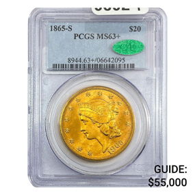 1865-S CAC $20 Gold Double Eagle PCGS MS63+