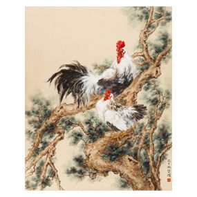 1918 Xu Beihong Rooster & Hen Scroll Painting