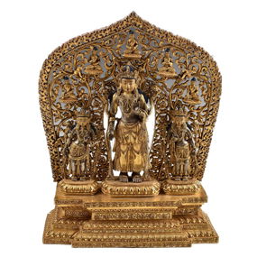Exceptional Tibetan Gilt Bronze Triad With Elaborate Mandorla