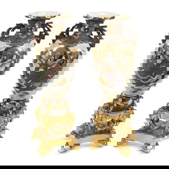 A Pair of Satsuma Porcelain and French Gilt Bronze Mounted Vases