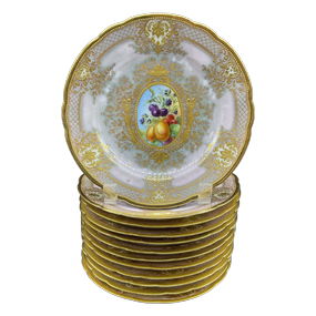 Set 12 Antq Lamm Dresden Gilt Porc Fruit Plates