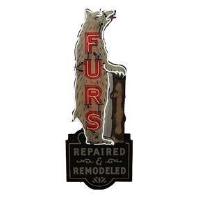 Furs Repaired & Remodeled Die Cut 8' Single Sided Porcelain Factory Neon Sign w/ Polar Bear
