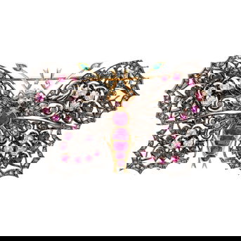 Victorian, French, Diamond, Ruby, and Emerald Butterfly Brooch