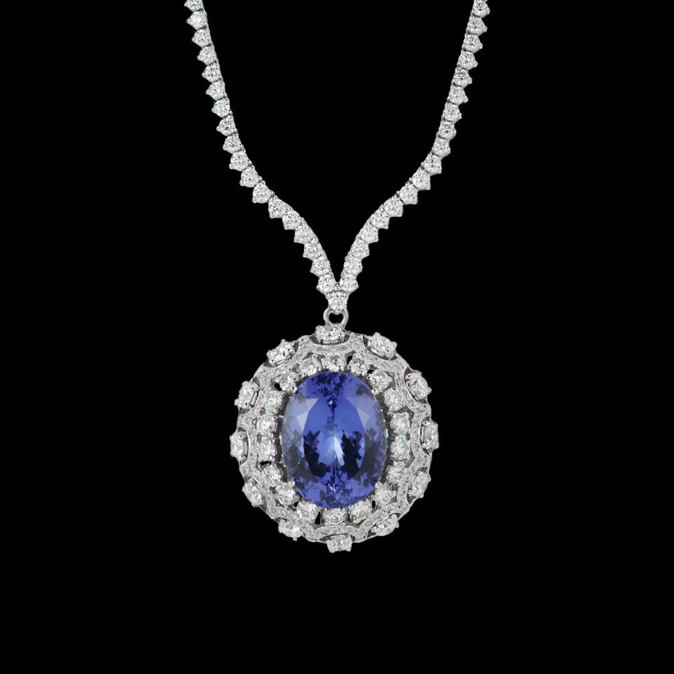 14K Gold 18.10cts Tanzanite & 11.82cts Diamond Necklace