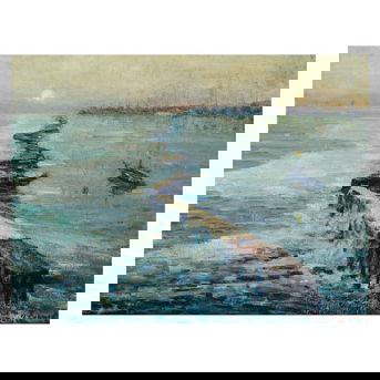 Frank Coburn (1862-1938) Ship Behind a Breakwater