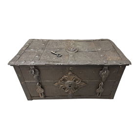 Rare 17th Century German Wrought Iron “Armada Chest” Strongbox with Key