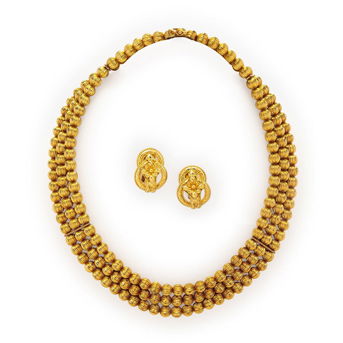 Lalaounis, Yellow Gold Hercules Knot Earrings and Beaded Necklace