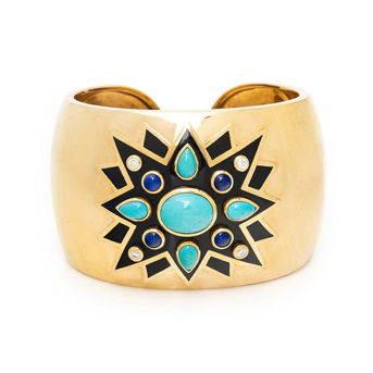 Turquoise, Lapis Lazuli, Diamond, Enamel, and Yellow Gold Cuff Bracelet