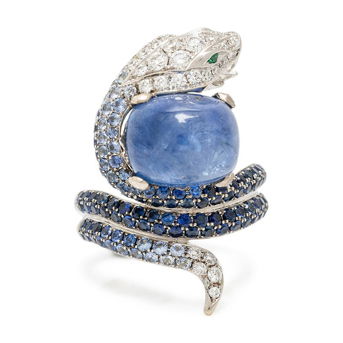 Sapphire, Diamond, and White Gold Snake Ring