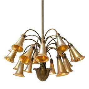 18 Shade Louis Comfort Tiffany Favrille Glass Signed Lily Shades Bronze Ceiling Fixture
