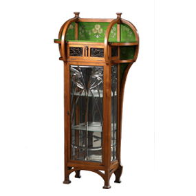 Art Nouveau Austrian Vienna Secession Walnut Display Cabinet with Enameled Glass,<br>Circa 1900