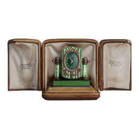 Tiffany & Co Gold Silver and Enamel Clock set with Jewels, Early 20th Century, Engraved Leather Case