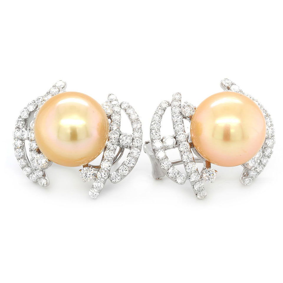 18K White Gold Ladies Earrings with Golden South Sea Pearls and 2.6ct tw Adjacent Diamonds
