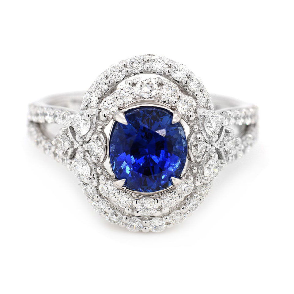 Platinum Ladies Ring with 2.09ct GIA Certified Sapphire and 0.91tcw Adjacent Diamonds