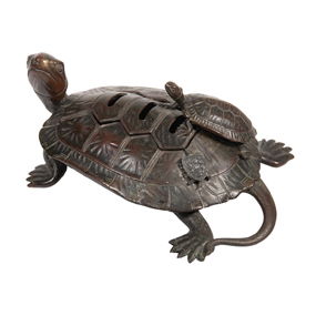 Bronze Turtle-Form Incense Burner With Young, Meiji Period