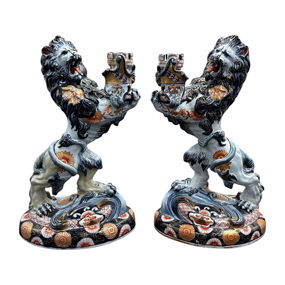 Rare Pair of Antique French Émile Gallé Faience “Heraldic Lion” Candelabra, Signed E. Gallé