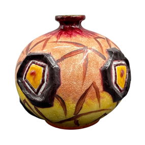 Rare & Signed Camille Fauré (1874-1956) French Art Deco Limoges Enamel Vase on Copper, c. 1930