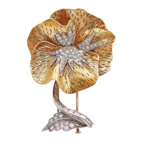 Boucheron 18K Yellow Gold And Platinum Pave Diamond Floral Brooch Pin