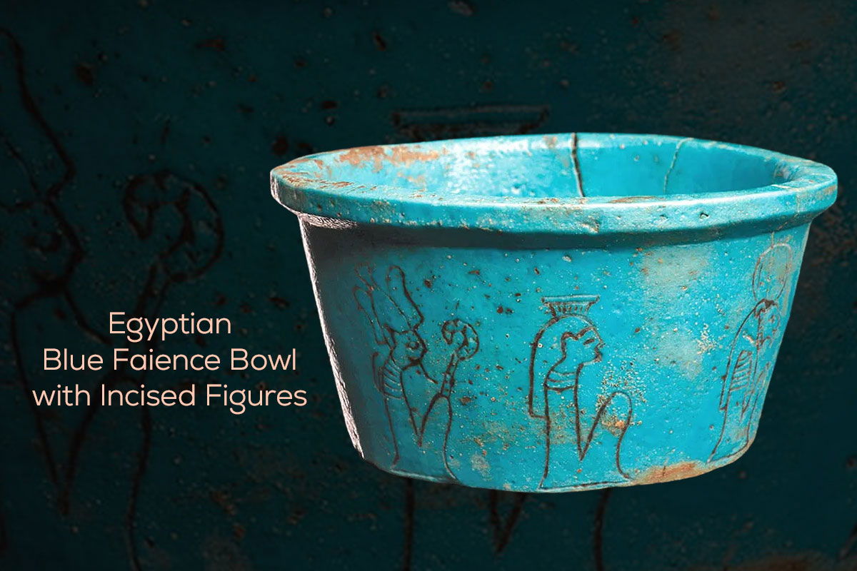 Egyptian Blue Faience Bowl with Incised Figures