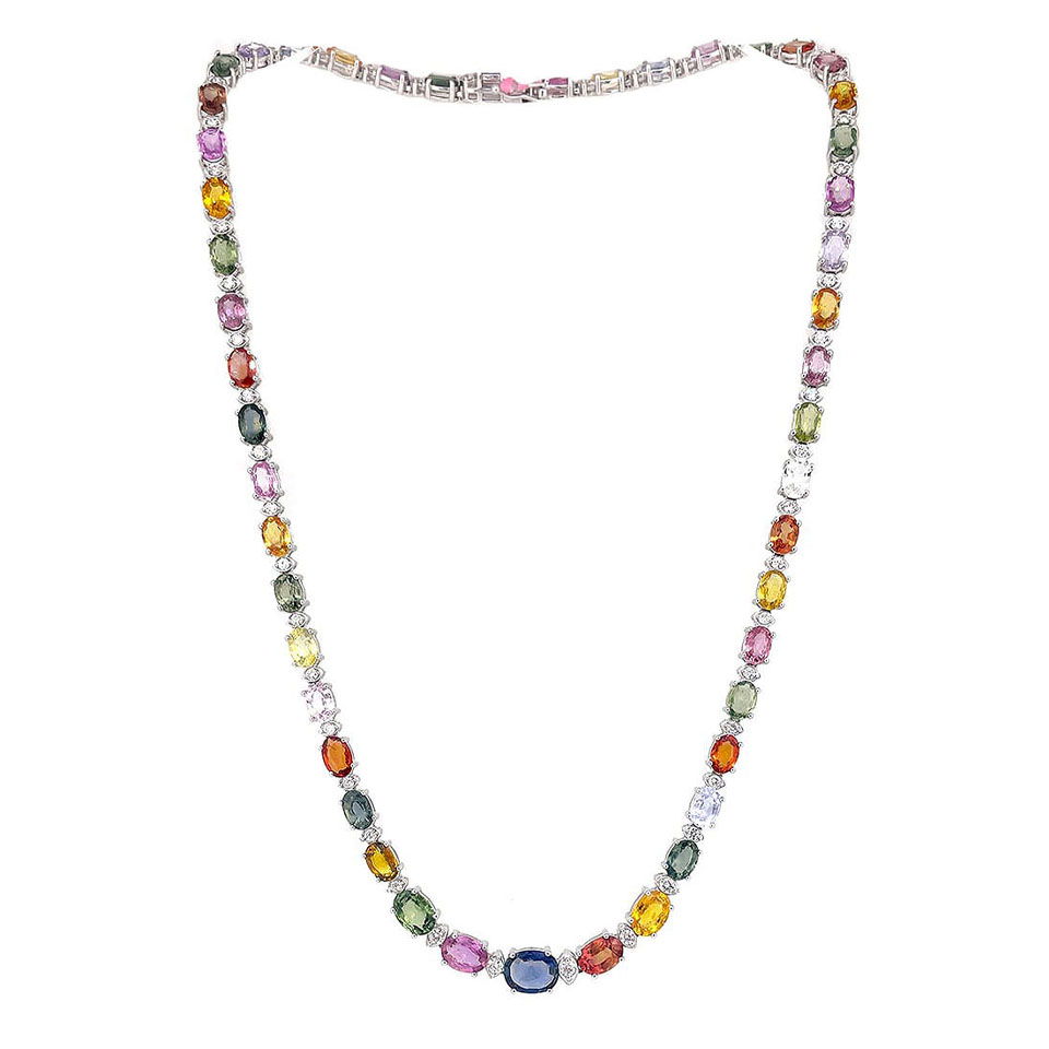 18K White Gold Ladies Necklace with 27.67ct Multi Colored Sapphire and 1.18ct Diamonds