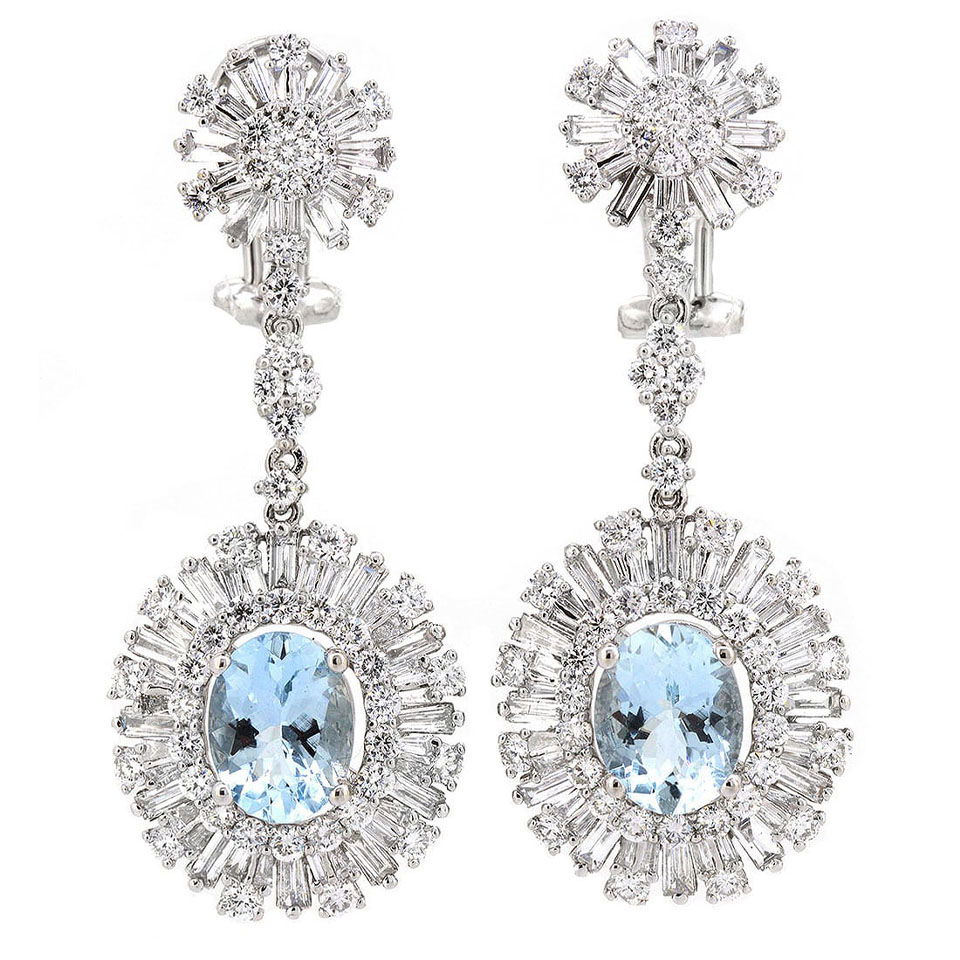 18K White Gold Ladies Earrings with 3.07ct tw Aquamarine and 4.03ct tw Adjacent Diamonds