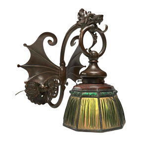Tiffany Studios Linen Fold Shade on Griffin / Dragon Wall Sconce