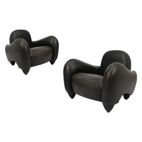 Michael Wolk Tucker Chair 1990 Pair of Black Leather Armchairs Feat in Batman Returns / Star Trek