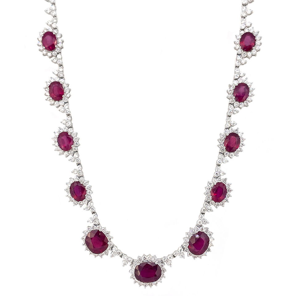18K White Gold Ladies Necklace with 24.61ct Rubies and 10.48ct tw Diamonds