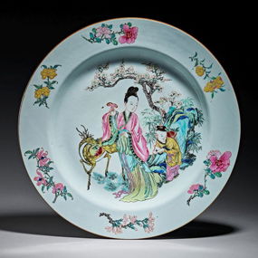 A Large Chinese <br>Famille-Rose 'Magu' Dish Qing Dynasty, <br>Yongzheng Period