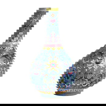 A Fine and Exceptional Yangcai Blue-Ground 'Lotus' Bottle Vase