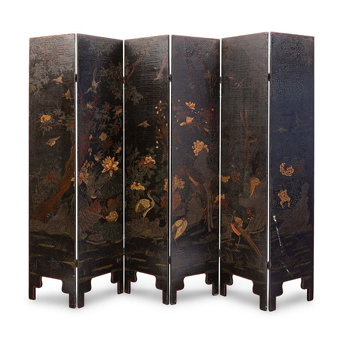 A Chinese Painted Leather Six-Panel Floor Screen