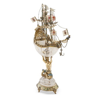 An Austrian Enameled Silver-Gilt Mounted Rock Crystal Nef