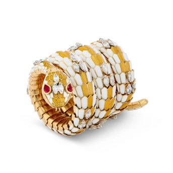 Bulgari Enamel, Diamond and Ruby 'Serpenti' Bracelet-Watch