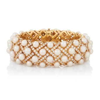 Chanel: An 18k Gold, Cultured Pearl, and Diamond 'Matelasse' Bracelet, France