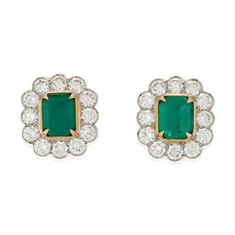 A Pair of Emerald and Diamond Earclips