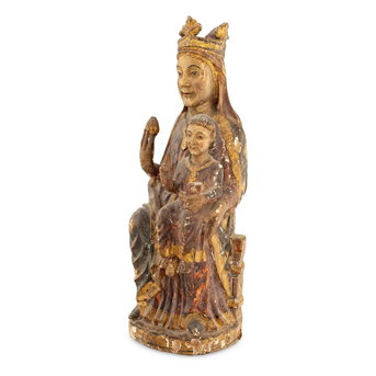 A Swabian Carved and Polychrome Decorated Figural Group of the Virgin and Child Enthroned