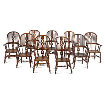 A Set of Eight English Yew and Elm Windsor Armchairs
