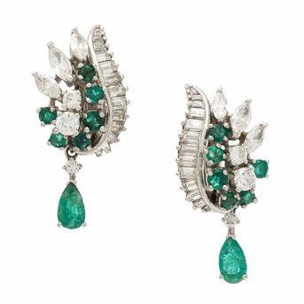 Emerald, Diamond, and Platinum Earrings