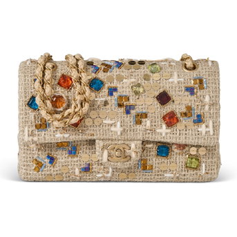 A Beige Fantasy Tweed & Multicolor Griproix Glass and Sequin Classic Medium Double Flap With Gold Hardware