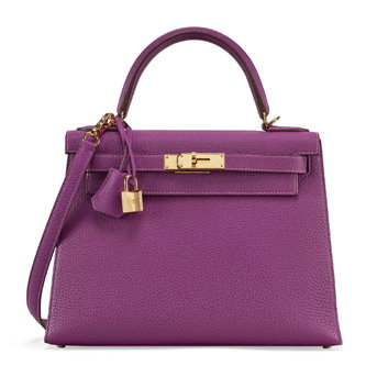 A Custom Anémone & Bleu Électrique Togo Leather Sellier MOU Kelly 28 With Gold Hardware