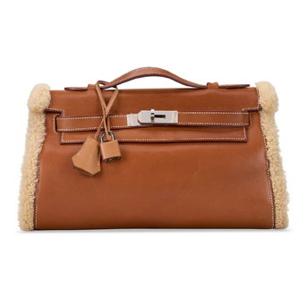 A Unique Custom Fauve Barénia Leather & Ecru Mouton Shearling Teddy Kelly Muff Pochette With Palladium Hardware