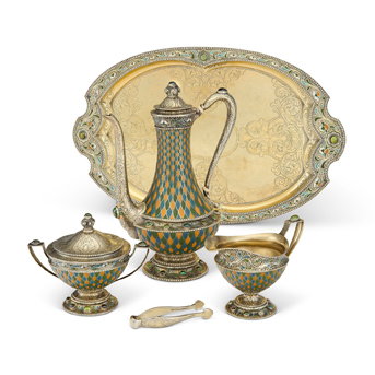 An Important American Gem-Set Silver-Gilt and Enamel Four-Piece Coffee Service and Tray