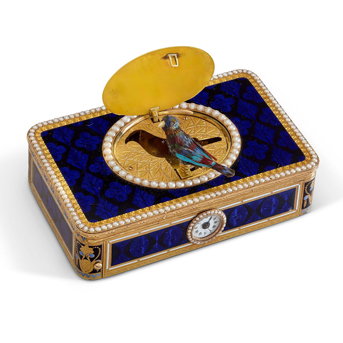 A Swiss Gold, Enamel and Pearl-Set Singing-Bird Box With Watch Movement