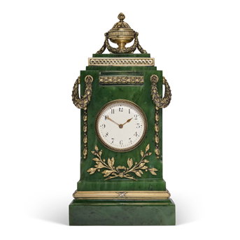 An Impressive Silver-gilt Mounted Nephrite Mantel Clock by Fabergé