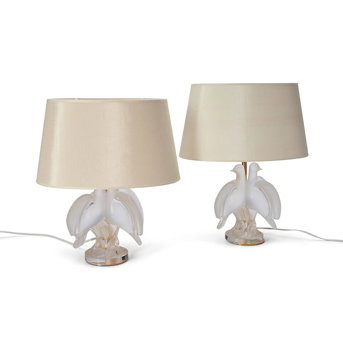 Pair of Lalique 'Ariane' Crystal Table Lamps with Shades, 20th century