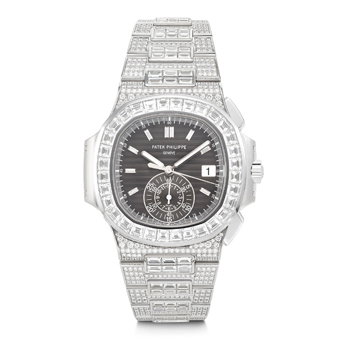 Patek Philippe. An Extremely Rare, Bold, and Dazzling 18k White Gold and Baguette Diamond-Set Automatic Flyback Chronograph Wristwatch
