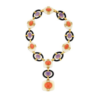 David Webb Coral, Amethyst, Onyx, Chalcedony Necklace