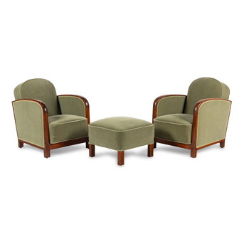 A Pair of Art Deco Armchairs and Stool