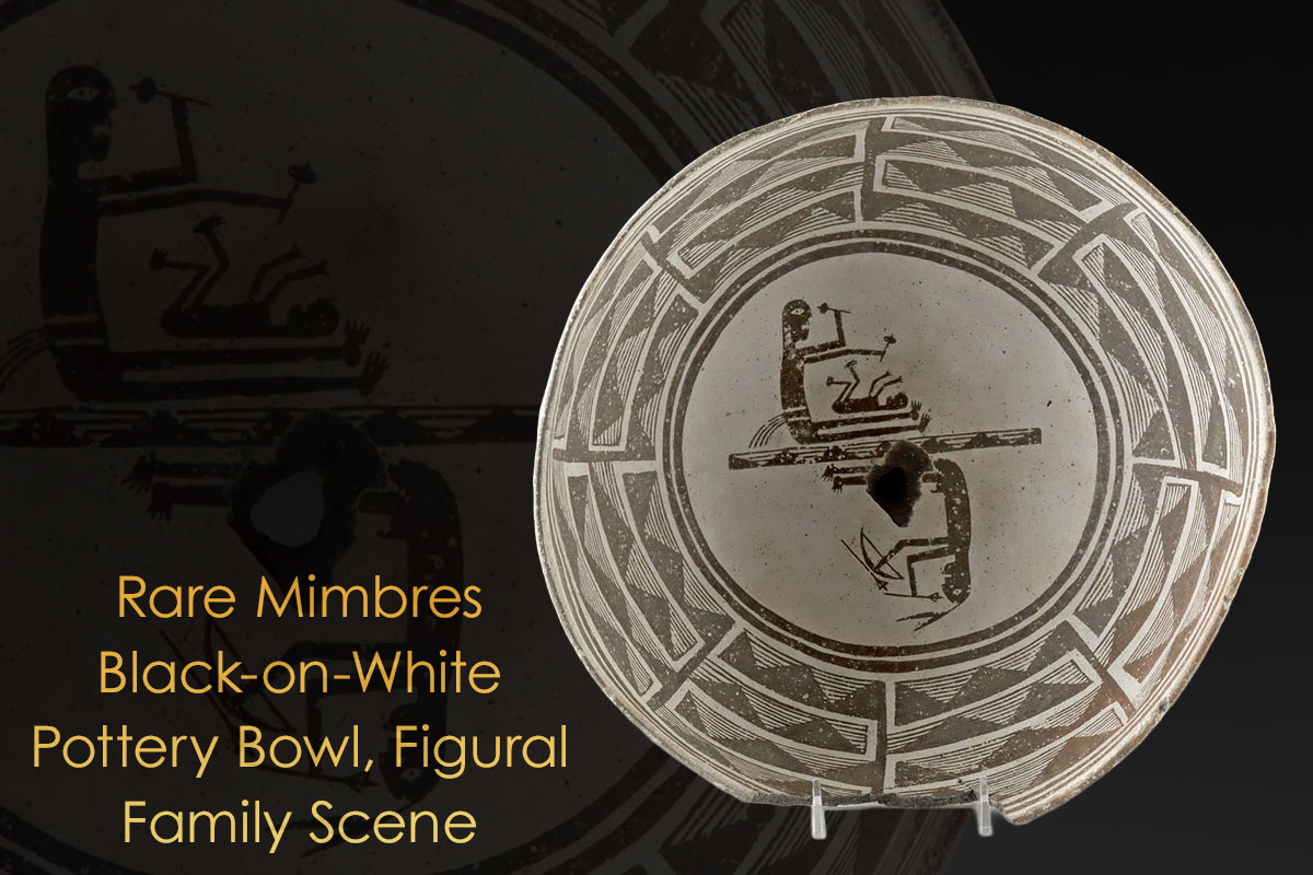 Rare Mimbres Black-on-White Pottery Bowl, Figural Family Scene (TLd)